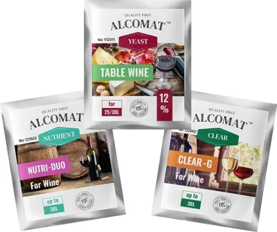 Zdjęcie produktu dla SET Alcomat Drożdże winne Table Wine Yeast 12% + substancje odżywcze + środki klarujące | Drożdże fermentacyjne Drożdże destylacyjne Drożdże winne | do wina | Nutri Duo | Clear-G | Wino stołowe