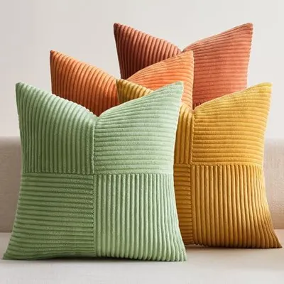 Produktbild von EMEMA Kissenbezug Kordsamt 4er Set Herbst Patchwork Kissenhülle 40x40 cm Zierkissenbezug Dekokissen Sofakissen Kord Dekorative Kissen für Sofa Sessel Zuhause Schlafzimmer Orange-grün Serie