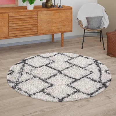 Produktbild von TT Home Wohnzimmerteppich Hochflor Langflor Skandinavisches Design Mit Abstrakten Rauten Größe 80 cm Rund