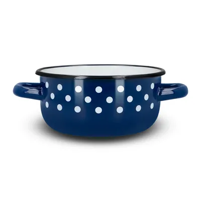 Obrázek produktu pro Emajlo Olkusz | Smaltovaný hrnec 1,5 l – 16 cm – tmavě modrý s bílými puntíky – se dvěma uchy – indukce