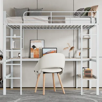 Produktbild von okwish Hochbett Etagenbett 90x200 cm mit Rausfallschutz, Metallbett Kinderbett mit Schreibtisch und Regal, Eisenbett Jugendbett mit Leiter, Weiß