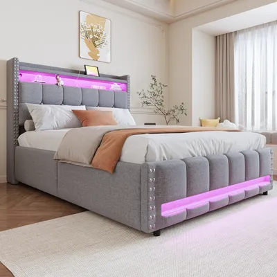 Produktbild von okwish Polsterbett（140x200 cm）Erwachsenenbett， Doppelbett，Multifunktionsbett，Jugendbett，Stauraumbett，Mit Hydraulischem Speichersystem&LED-Beleuchtung，Hellgrau