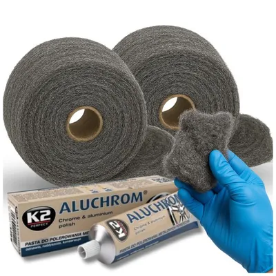 Produktbild von K2 Aluchrom 120g + Stahlwolle Metallwolle 500g Grad 0+00 – Profi Felgenpolitur Set zur Reinigung, Politur & Metallpflege inkl. Nitrilhandschuhe