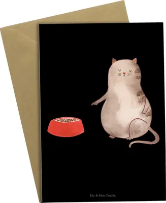 Produktbild von Mr. & Mrs. Panda Grußkarte Katze Fressen - Schwarz - Geschenk, dankeskarten, vatertagskarte, einladungskarten, Beileidskarte, weihnachtskarten