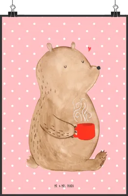 Produktbild von Mr. & Mrs. Panda Bild Bär Kaffee DIN A2 - Rot Pastell - Geschenk, Teddy, Guten Morgen, Plakat, Wandbild, Wanddekoration, wanddeko, Motivation, Wandschmuck, Bären, Coffee
