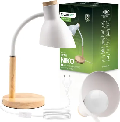 Produktbild von LUMILED Schreibtischlampe E27 Fassung 13W Weiß Holzdetails Verstellbarer Flexarm Kabelschalter Tischlampe Leseleuchte Arbeitslampe Skandinavisch für Büro Home Office Schlafzimmer Kinderzimmer