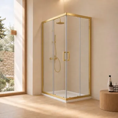 Produktbild von Duschkabine 80x120x190 cm mit gebürsteten Goldprofilen, 6 mm Klarglas, Schiebetüren, Magnetverschluss, City