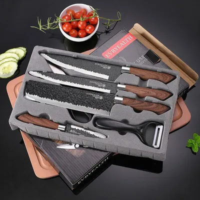 Produktbild von Messerset 6-teiliges, Professionelles Küchenmesser Set, Ultrascharfes Kochmesserset mit Ergonomischen Griffen，Schwarz gehämmert