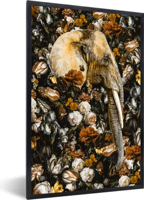 Produktbild von MuchoWow® MuchoWow® Gerahmtes Poster Elefant - Blumen - Braun 60x90 cm - Poster mit zchwarzem Bilderrahmen - Kunst