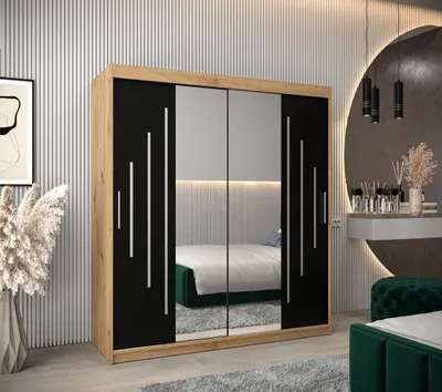 Obrázek produktu pro Šatní skříň se zrcadlem EWEHEDVIKA - šířka 180 cm, dub artisan / černá