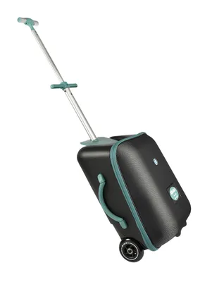 A black and teal rolling suitcase with an extended handle against a white background.