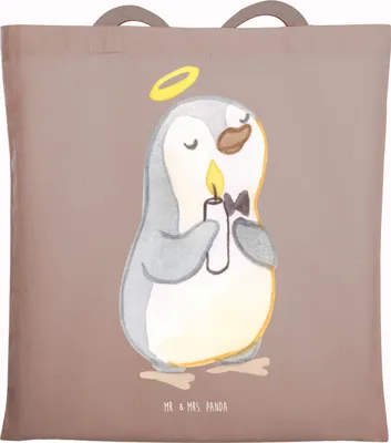 Produktbild von Mr. & Mrs. Panda Einkaufstasche Pinguin Kommunion - Braun Pastell - Geschenk, Stoffbeutel, Glauben, Dankeschön, Tote Bag, Tasche, Beutel, Sonnenschein, Schultasche