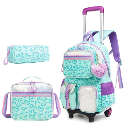 Produktbild von Kinder Trolley Rucksack Set Grün mit Lunchtasche und Federmäppchen
