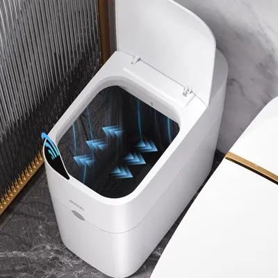 Immagine prodotto di Contenitore automatico per rifiuti con sensore di movimento, capacità 14 litri, colore bianco, design elegante