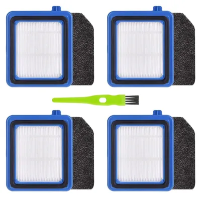 Four vacuum cleaner filters and a cleaning brush are arranged on a white background.
