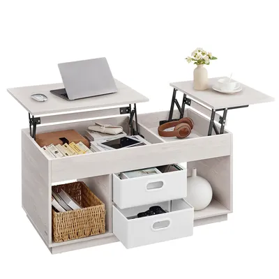 A lift-top coffee table with storage, displaying various items like a laptop, headphones, and decorative vase.