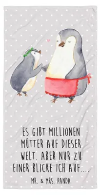 Produktbild von Mr. & Mrs. Panda Handtuch Pinguin mit Kind - Grau Pastell - Geschenk, Mom, Mutter, Muttertag, Vorbild Mama, Strandtuch, Familie, Frottee-Handtuch, Duschtuch, Badehandtuch