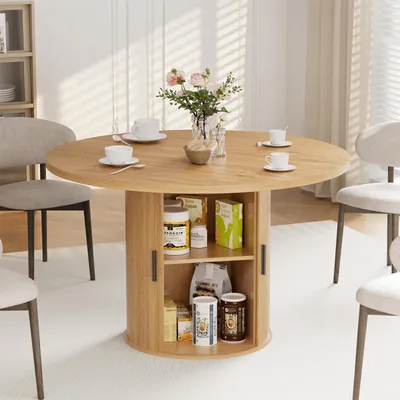 Produktbild von Hommpa Runder Esstisch 120cm mit Stauraum, Küchentisch für 4 Personen, 2 Ebenen Regale & Schiebetür, Stabiler Holz Tisch mit Sockel, Natürlich