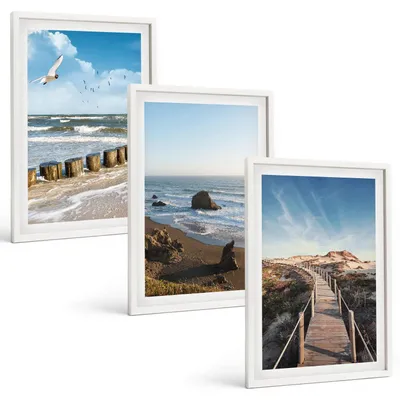 Produktbild von Bilder Set 3-teilig im weißen Rahmen – Wandbilder 3 Stück – gerahmte Poster für Wohnzimmer, Schlafzimmer und Flur – 40x60 cm – Strandwellen, Himmelsbrücke, Spaziergang