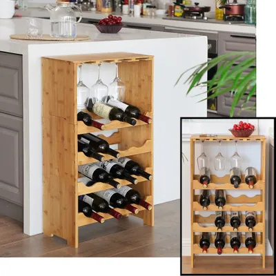 Produktbild von Großes Weinregal aus Bambusholz für 16 Weinflaschen und 8 Weingläser - Design-Weinflaschenregal / Flaschenregal mit Weinglashalter - Decopatent