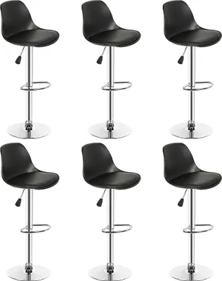 Six black bar stools are arranged in two rows of three against a white background.