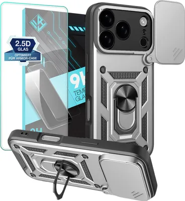 Produktbild von Armor Handyhülle für Apple iPhone 17 Pro mit 9H Displayglas Displayschutz Kameraschutz Handy Panzer Case Cover Schutzhülle Outdoor Farbe: Silber