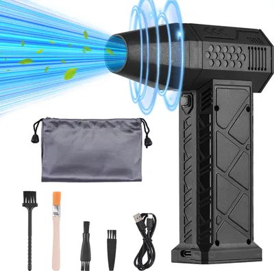 A black electric air duster with blue air streams emanating from it, along with accessories and a storage bag, displayed on a white background.