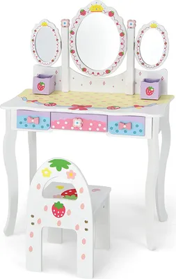 Produktbild von Kinder Schminktisch mit Hocker, Prinzessin Frisiertisch mit klappbarem Spiegel & 3 Schubladen, Frisierkommode für Kinder Mädchen Weiß