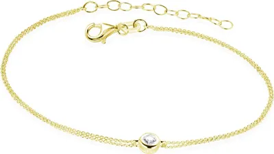 Goldenes Frauen Armkettchen mit rundem Zirkonia Stein, mit Federringverschluss und Verlängerungskette.