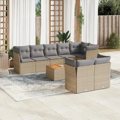 Produktbild von Design 9-tlg. Garten-Sofagarnitur mit Kissen Beige Poly Rattan, Gartenmöbel-Sets 2024 Neu