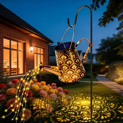 Solar-Gießkanne mit Lichterkette, warmweiß, Metall, wasserdicht, 100 cm Haken