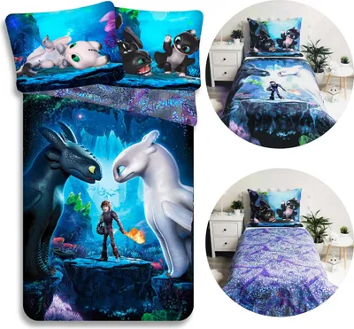 A collage of bedding sets featuring characters from How to Train Your Dragon.
