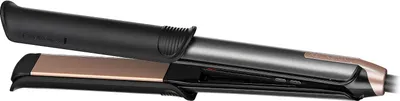 A close-up, side view of a black and rose gold hair straightener and curler.