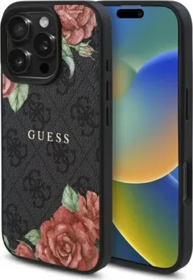 A phone case with a floral print and the Guess logo, placed next to a smartphone.