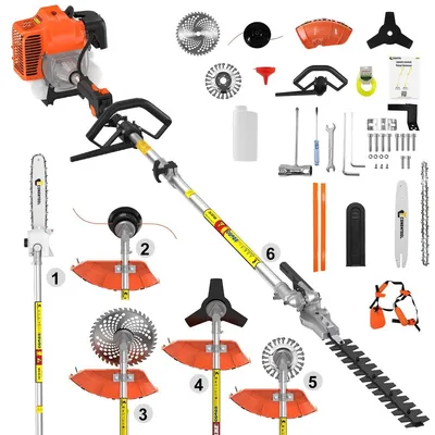 Produktbild von Benzin Rasentrimmer 6in1 Multitool Motorsense Heckenschere Kettensäge Hochentaster Freischneider mit Schultergurt Antivibrationsgriff 52 ccm 2500 W 11000 U