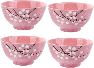 Produktbild von 4 Keramikschalen im japanischen Stil mit rosa Kirschblütendesign