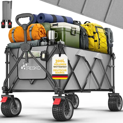 Produktbild von TRESKO® Bollerwagen faltbar 300L mit Bremse Grau | Handwagen klappbar 150kg inkl. Vollgummireifen | Faltbarer Strandwagen mit Extra Breite All-Terrain-Räder | Gartenwagen Transportwagen mit Tragetasche