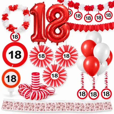 Produktbild von 18. Geburtstag Verkehrsschild Partyset Party Dekoration Geburtstag Jubiläum weiss rot