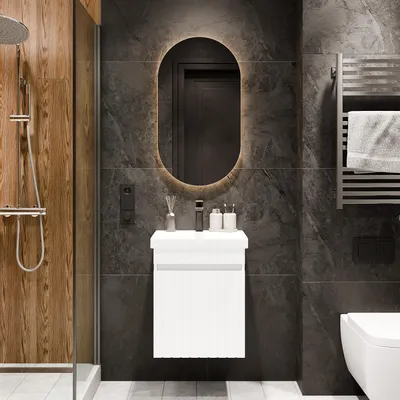 Produktbild von Planetmöbel Cosmia Waschtisch 50 cm mit Tür Weiß Matt mit Armatur Schwarz Matt & LED Spiegel