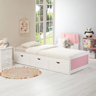 Produktbild von Bett MIA aus massiver Kiefer in weiß/rosa, schönes Funktionsbett mit 3 Schubladen, praktisches Jugendbett mit Liegefläche 90 x 200 cm