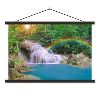 Produktbild von MuchoWow® Textilposter Regenbogen - Sonne - Wasserfall - Natur 90x60 cm mit schwarzem Rahmen - Aufhängungssatz