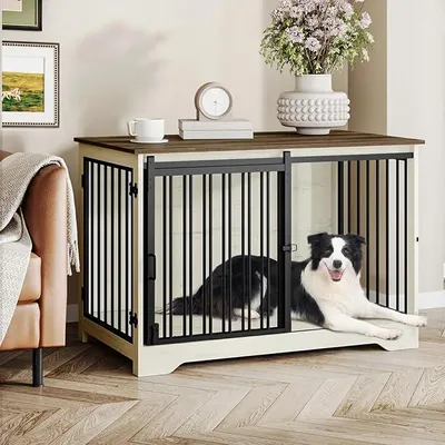 Produktbild von Hundekäfig Möbel, 100 cm Hundebox, 2 Türen, Weiß Braun | Schiebetüren, Moderne Hundebox Holz Indoor für Mittlere/Große Hunde, Hundekäfig für Zuhause, 100 x 60 x 68 cm, DFC02314B