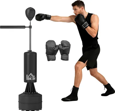 Image de HOMCOM Sac de frappe sur pieds punching ball brunier 3 en 1 avec ballon de vitesse bras flexible rotatif hauteur réglable revêtement synthétique base HDPE dim. 88L x 48l x 155-205H cm noir