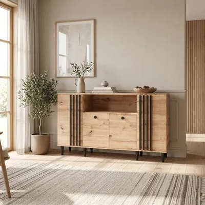 Produktbild von Masseno Kommode ARTIANO 160 cm Sideboard mit 4 Türen für Wohnzimmer Schlafzimmer Modern 160x40x92,5 cm Eiche Artisan