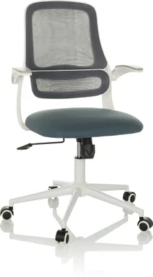 A white mesh office chair with a blue seat and white frame, shown from the front on a white background.