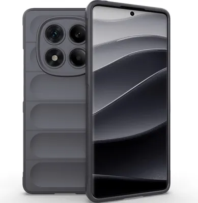 A dark gray phone case is shown next to a smartphone.