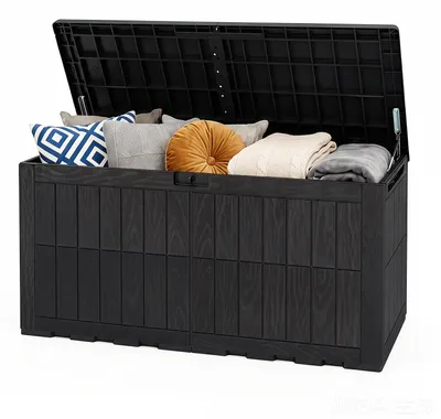 Produktbild von KOMFOTTEU 455 L wetterfeste Auflagenbox, abschließbare Aufbewahrungsbox mit Deckel, Gasdruckfedern & Griffen, 2-in-1 Terrassenbank und Kissenbox für Kissen, Gartenwerkzeug & Poolzubehör