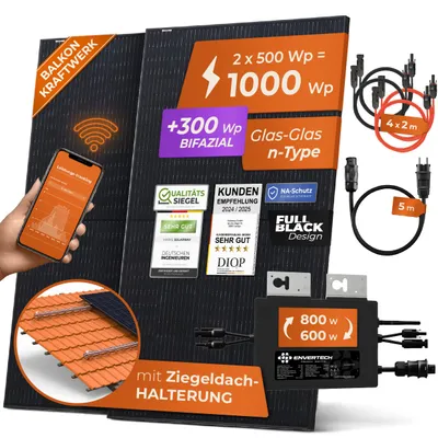 Produktbild von Solarway® Balkonkraftwerk 1000W komplett Steckdose - Envertech 800 Watt Wechselrichter - Solaranlage Komplettset - 500W Solarmodule & Ziegeldach