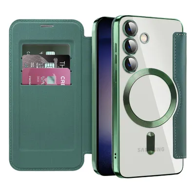 Immagine prodotto di Custodia per Samsung Galaxy S25 compatibile con MagSafe, custodia trasparente con portacarte, custodia in pelle con protezione della fotocamera verde