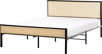 Zdjęcie produktu dla BELIANI Łóżko czarne metalowe 140 x 200 cm ze stelażem i zagłówkiem z technorattanu